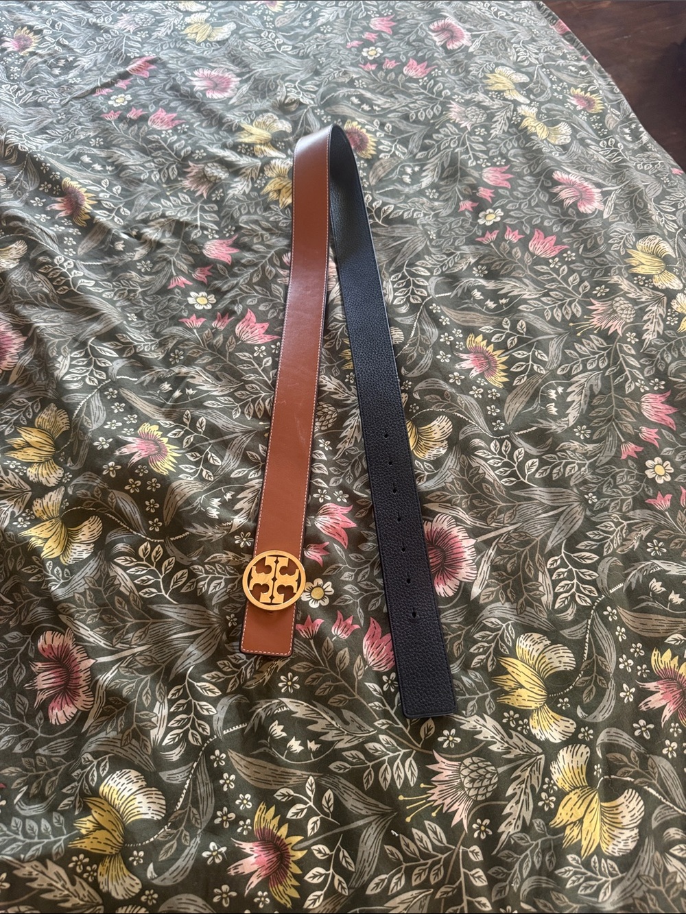 Tory Burch Reversible Brown and Black Leather Belt with Gold Logo Buckle